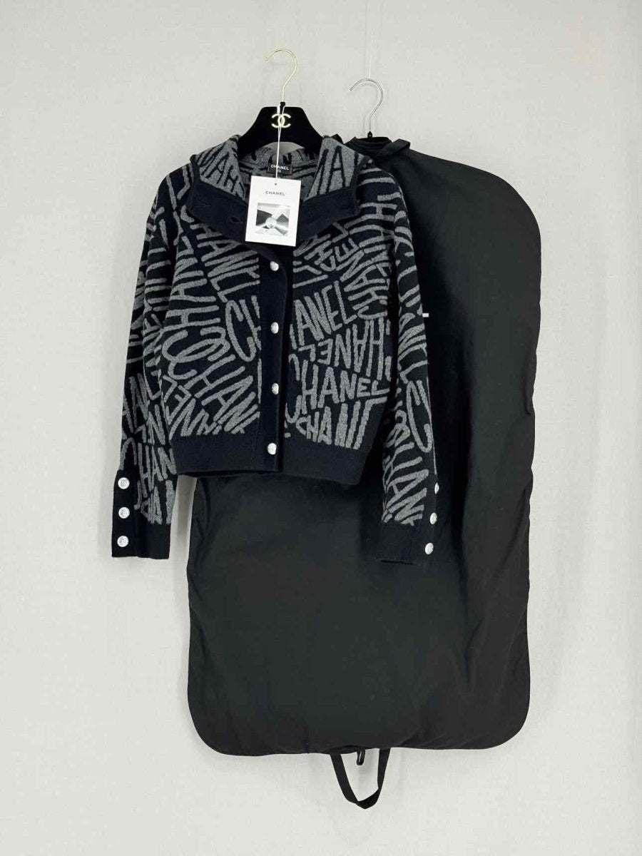 Pre - loved CHANEL Black & Grey Logo Design Size US 0 Cardigan at Reems Closet