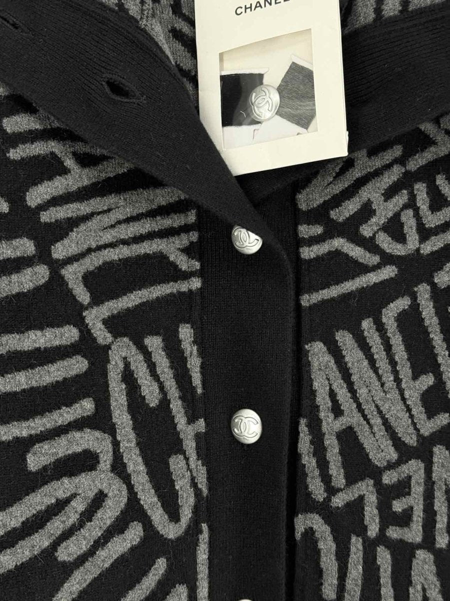 Pre - loved CHANEL Black & Grey Logo Design Size US 0 Cardigan at Reems Closet