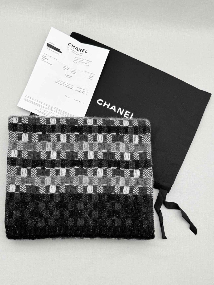 Pre - loved CHANEL Black & White Checked Scarf at Reems Closet