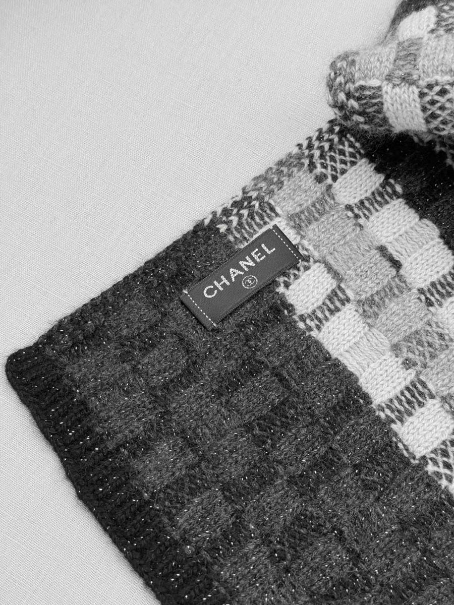 Pre - loved CHANEL Black & White Checked Scarf at Reems Closet