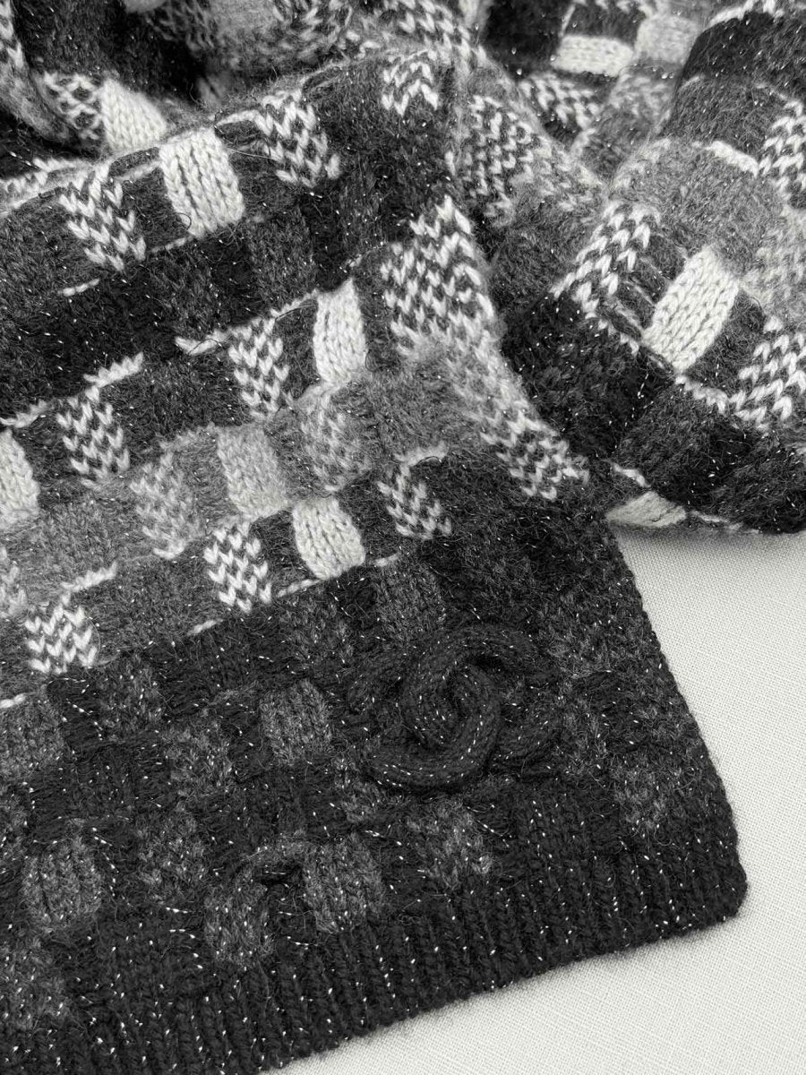 Pre - loved CHANEL Black & White Checked Scarf at Reems Closet