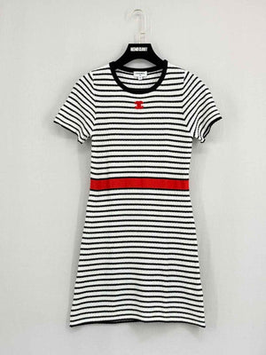 Pre - loved CHANEL Black & White Striped Size US 4 Short Dress at Reems Closet