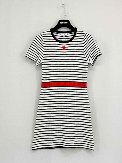 Pre - loved CHANEL Black & White Striped Size US 4 Short Dress at Reems Closet