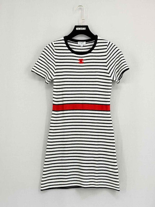 Pre - loved CHANEL Black & White Striped Size US 4 Short Dress at Reems Closet