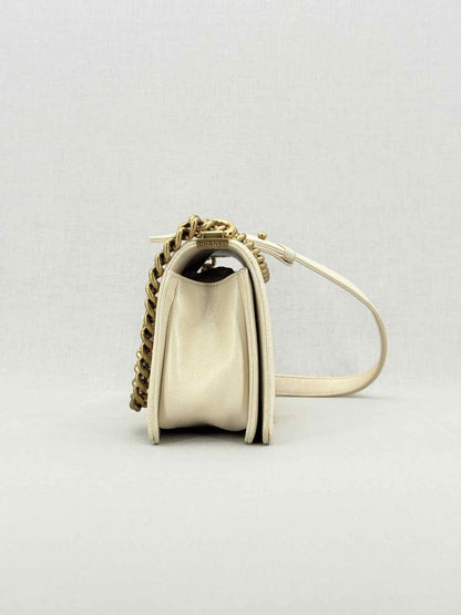 Pre - loved CHANEL Boy Beige Quilted Shoulder Bag at Reems Closet