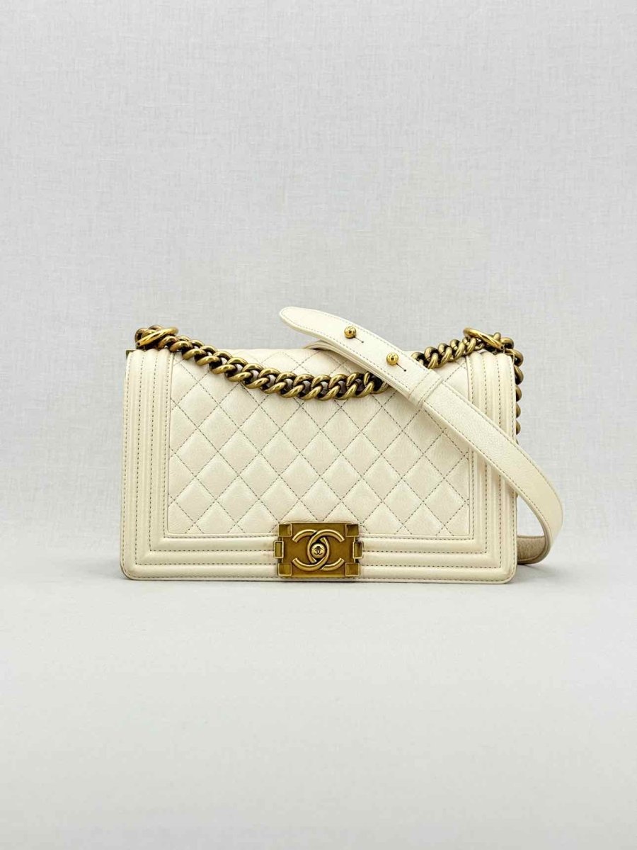Pre - loved CHANEL Boy Beige Quilted Shoulder Bag at Reems Closet