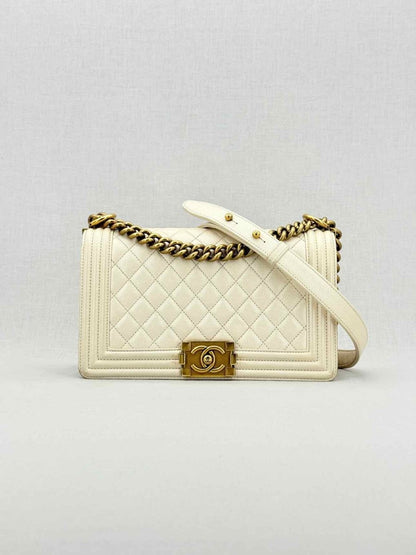 Pre - loved CHANEL Boy Beige Quilted Shoulder Bag at Reems Closet