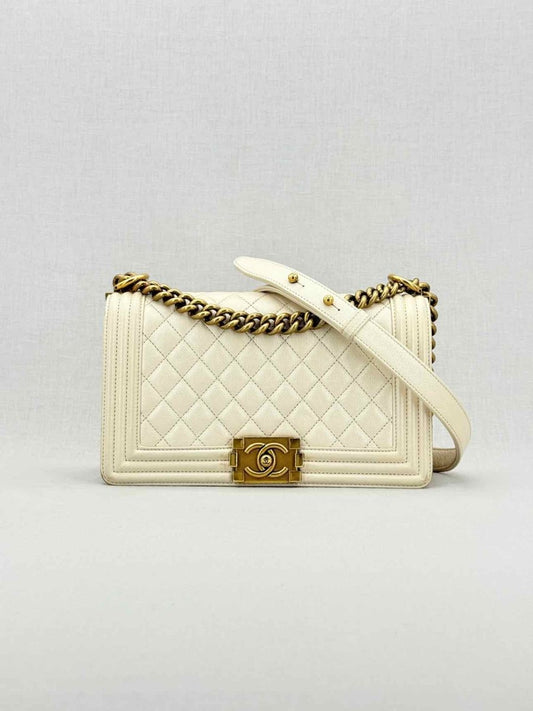 Pre - loved CHANEL Boy Beige Quilted Shoulder Bag at Reems Closet