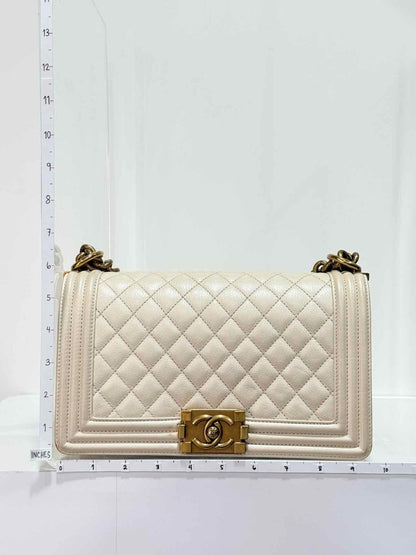 Pre - loved CHANEL Boy Beige Quilted Shoulder Bag at Reems Closet