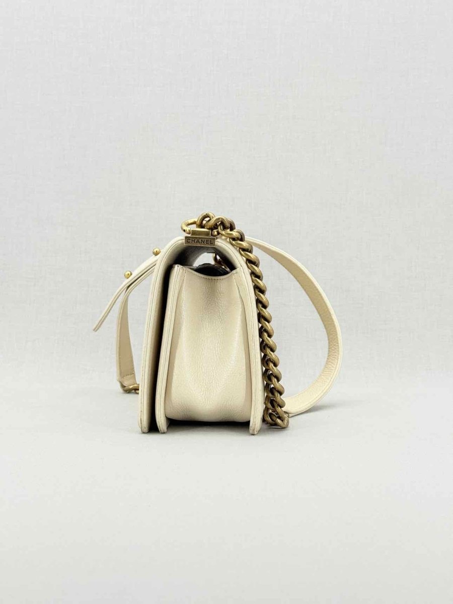 Pre - loved CHANEL Boy Beige Quilted Shoulder Bag at Reems Closet