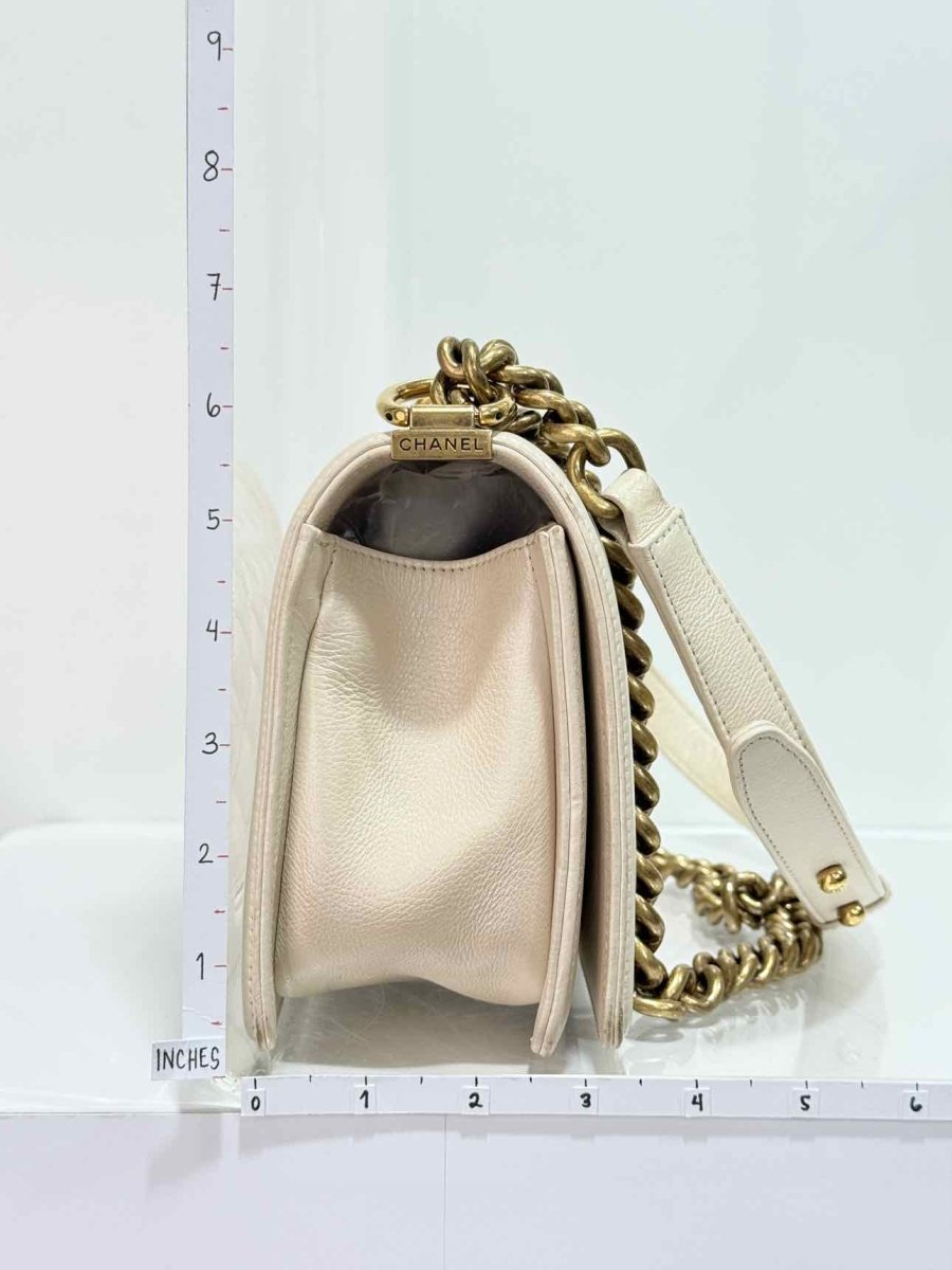 Pre - loved CHANEL Boy Beige Quilted Shoulder Bag at Reems Closet