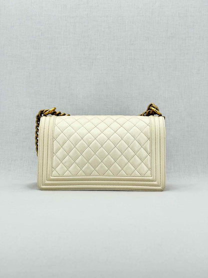 Pre - loved CHANEL Boy Beige Quilted Shoulder Bag at Reems Closet