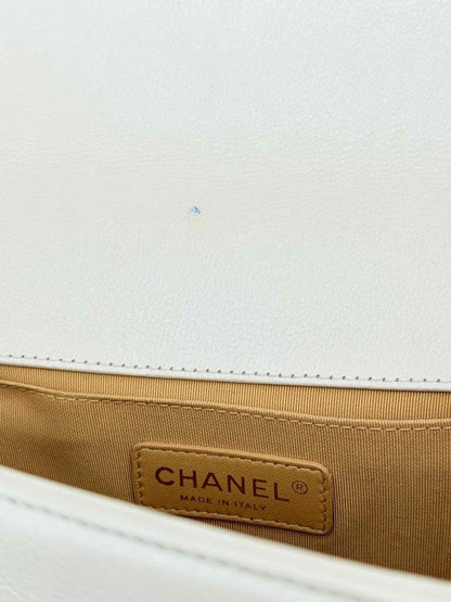 Pre - loved CHANEL Boy Beige Quilted Shoulder Bag at Reems Closet