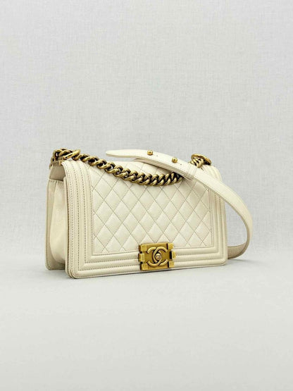 Pre - loved CHANEL Boy Beige Quilted Shoulder Bag at Reems Closet