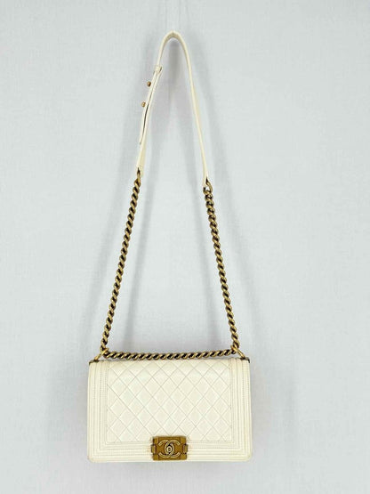 Pre - loved CHANEL Boy Beige Quilted Shoulder Bag at Reems Closet
