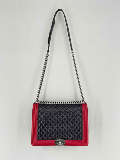 Pre - loved CHANEL Boy Black & Red Quilted Shoulder Bag at Reems Closet
