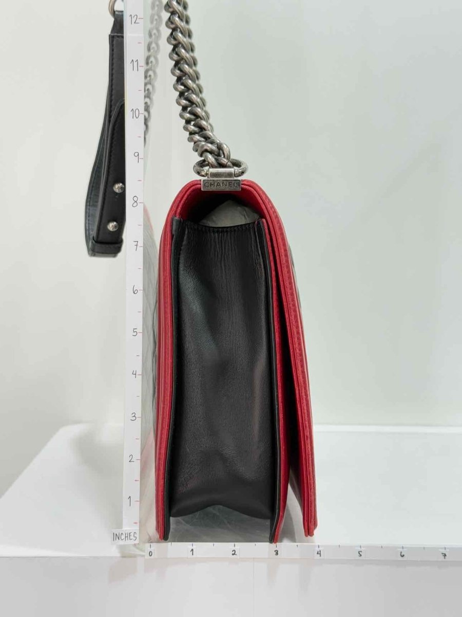 Pre - loved CHANEL Boy Black & Red Quilted Shoulder Bag at Reems Closet