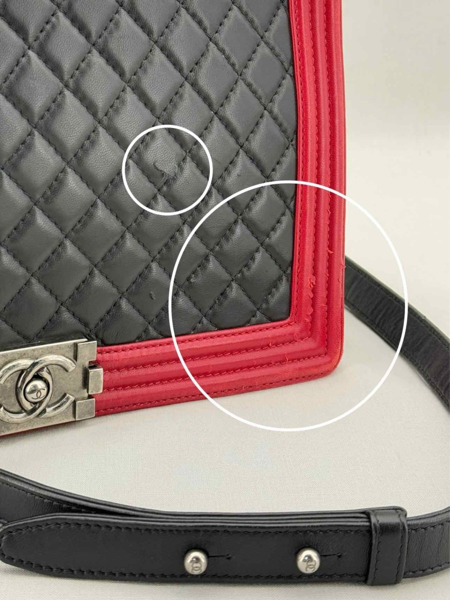 Pre - loved CHANEL Boy Black & Red Quilted Shoulder Bag at Reems Closet