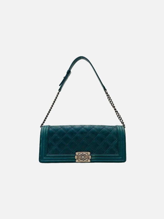 Pre - loved CHANEL Boy Flap Green Quilted Shoulder Bag at Reems Closet