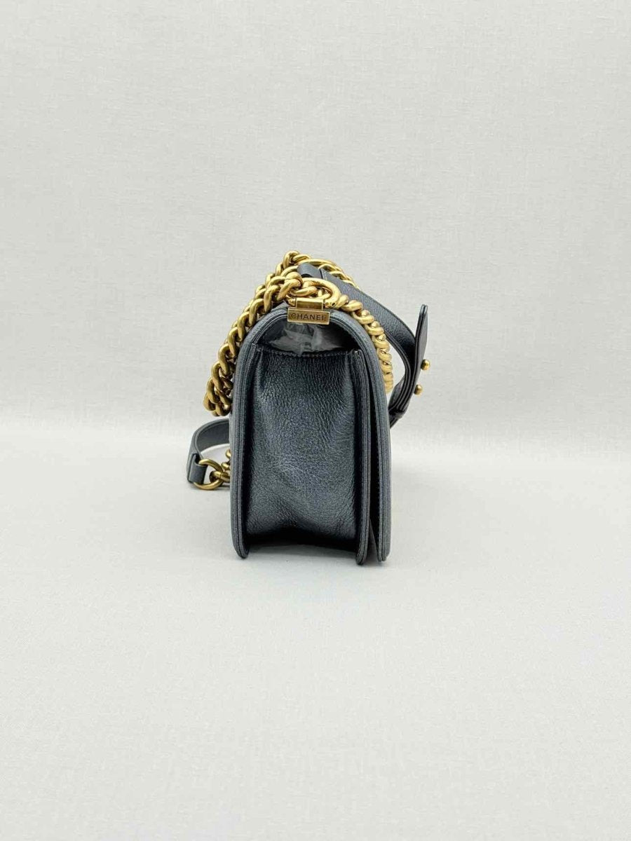 Pre - loved CHANEL Boy Metallic Blue Quilted Shoulder Bag at Reems Closet