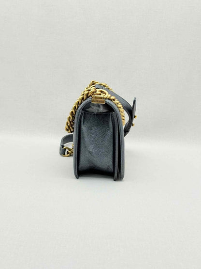 Pre - loved CHANEL Boy Metallic Blue Quilted Shoulder Bag at Reems Closet