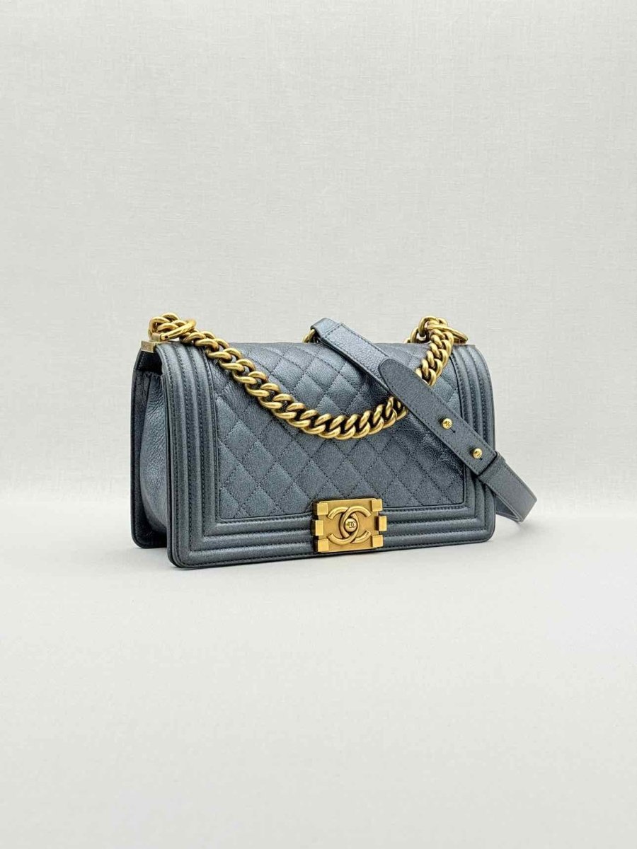 Pre - loved CHANEL Boy Metallic Blue Quilted Shoulder Bag at Reems Closet
