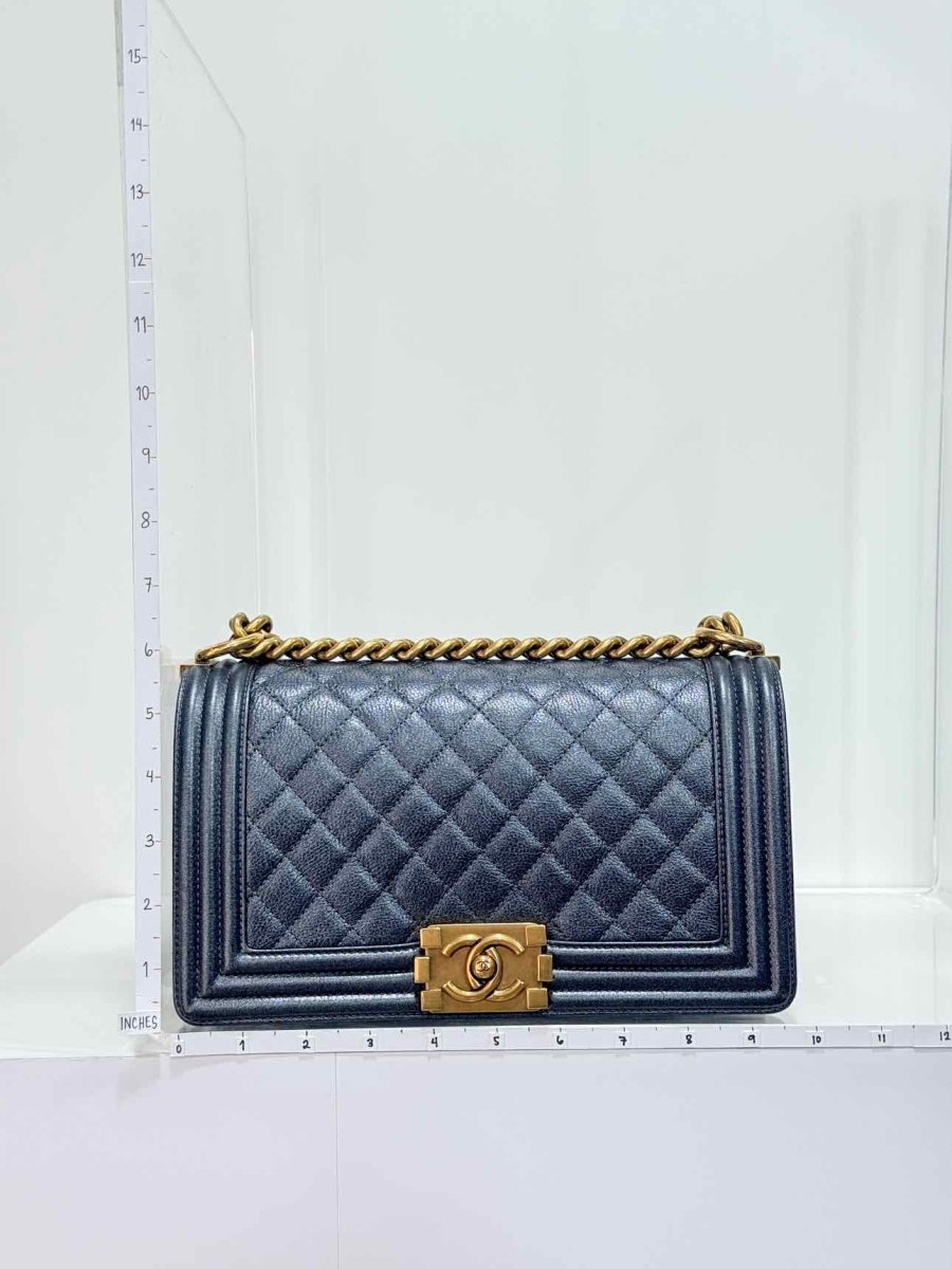 Pre - loved CHANEL Boy Metallic Blue Quilted Shoulder Bag at Reems Closet