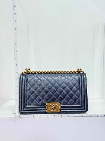 Pre - loved CHANEL Boy Metallic Blue Quilted Shoulder Bag at Reems Closet