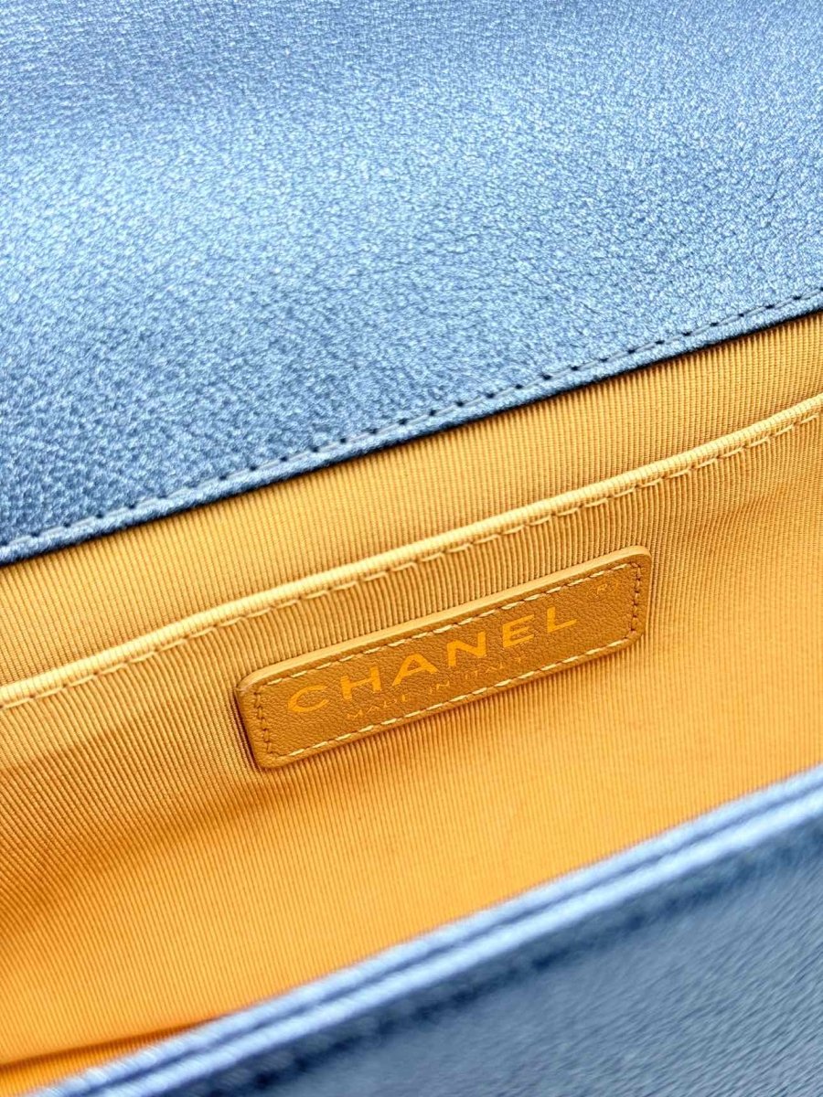 Pre - loved CHANEL Boy Metallic Blue Quilted Shoulder Bag at Reems Closet