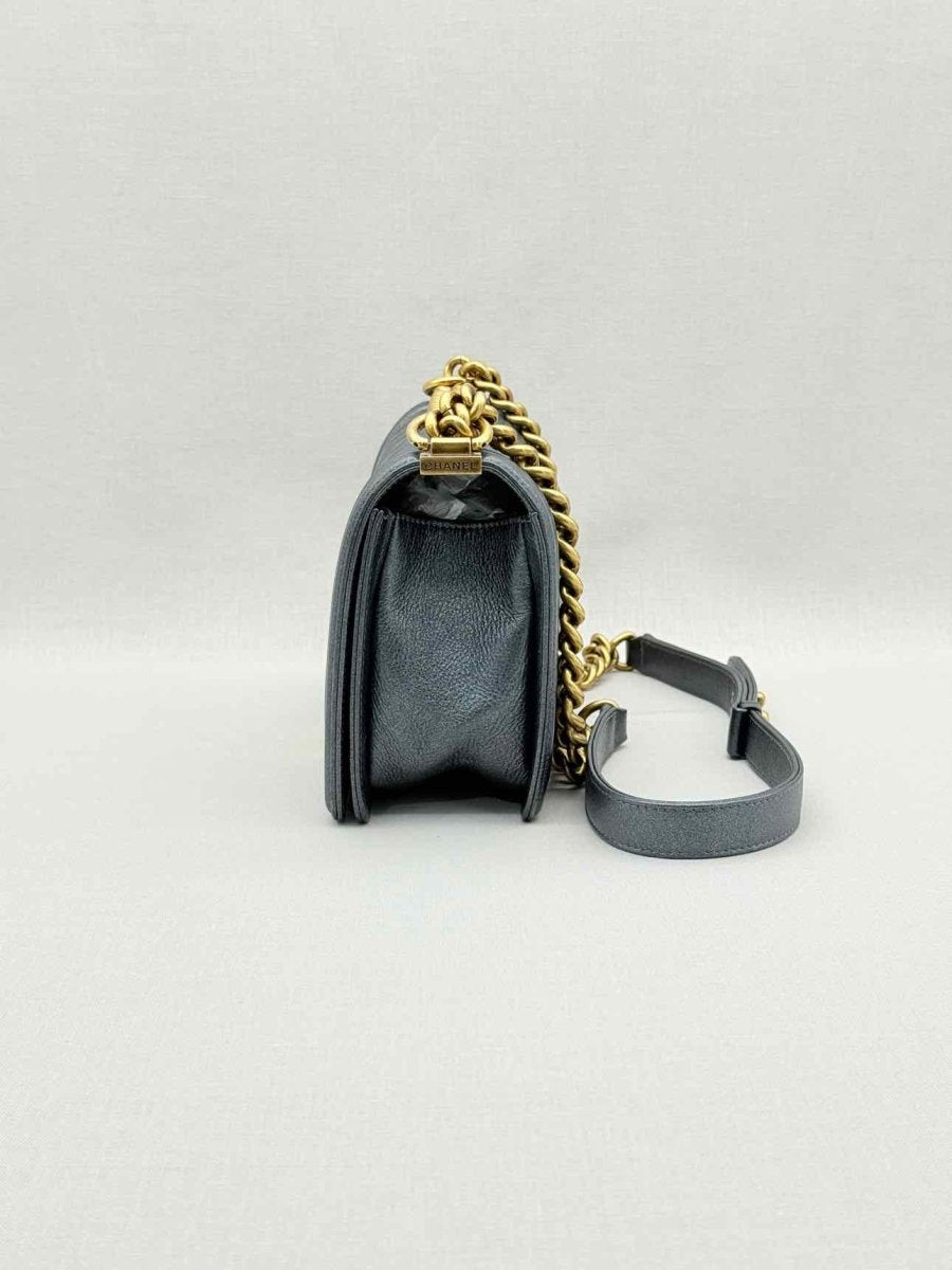 Pre - loved CHANEL Boy Metallic Blue Quilted Shoulder Bag at Reems Closet