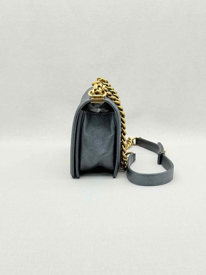 Pre - loved CHANEL Boy Metallic Blue Quilted Shoulder Bag at Reems Closet