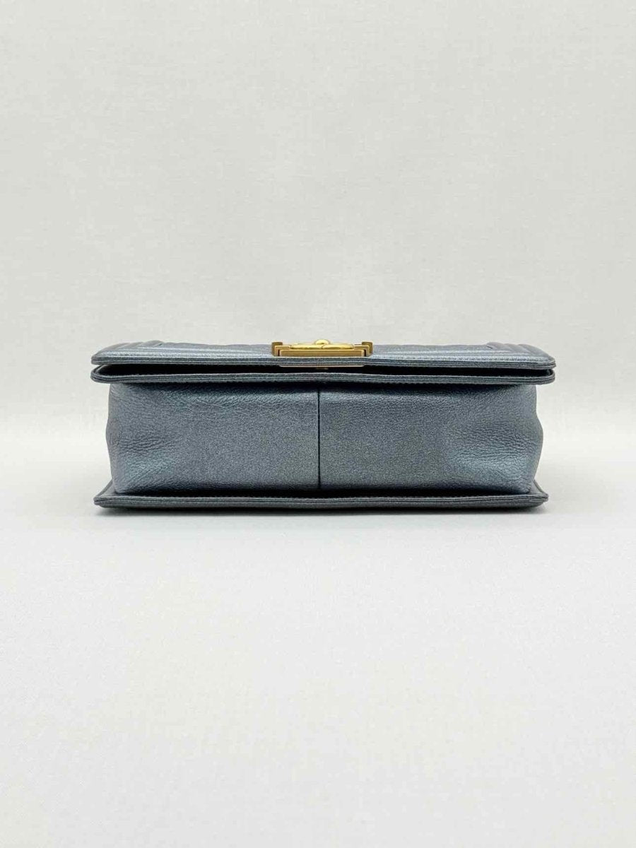 Pre - loved CHANEL Boy Metallic Blue Quilted Shoulder Bag at Reems Closet