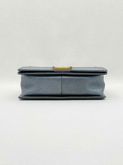 Pre - loved CHANEL Boy Metallic Blue Quilted Shoulder Bag at Reems Closet