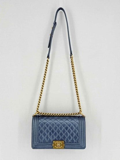 Pre - loved CHANEL Boy Metallic Blue Quilted Shoulder Bag at Reems Closet