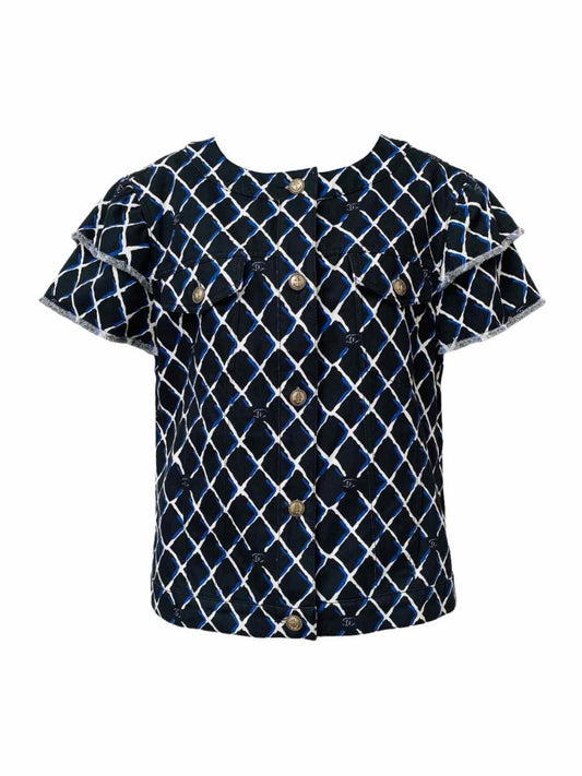 Pre-loved CHANEL Cap Sleeve Black, White & Blue Print Jacket from Reems Closet