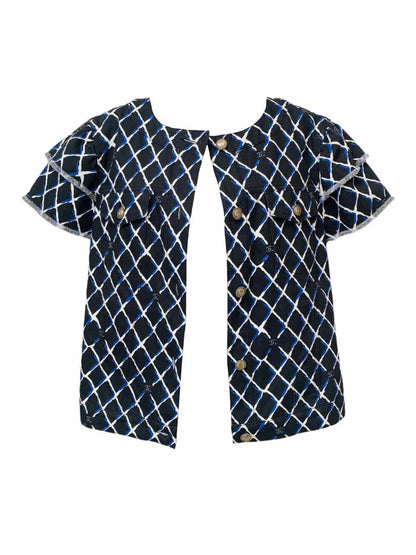 Pre - loved CHANEL Cap Sleeve Black, White & Blue Print Jacket at Reems Closet