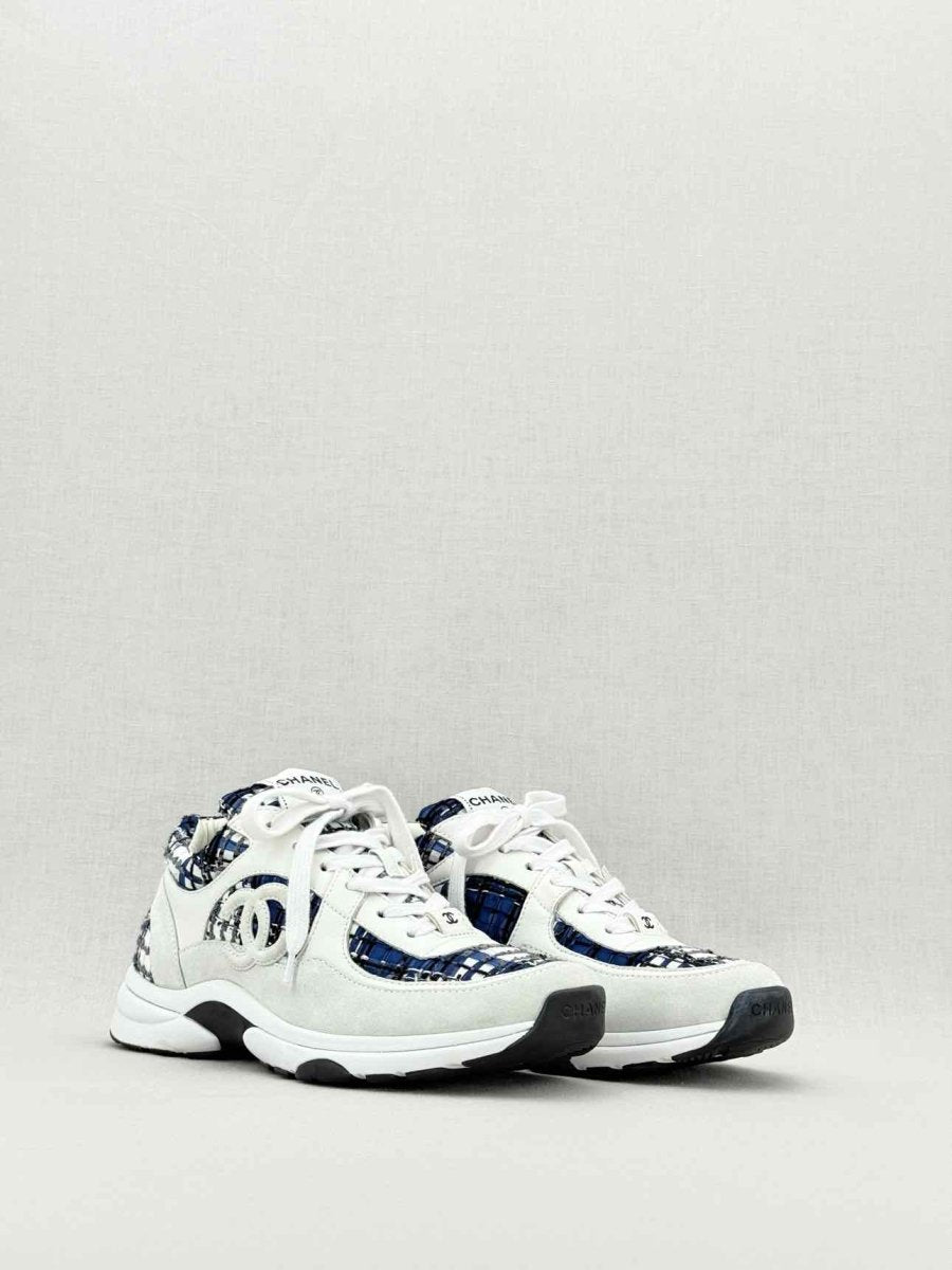 Pre - loved CHANEL CC Blue & White Size EU 39.5 Sneakers at Reems Closet
