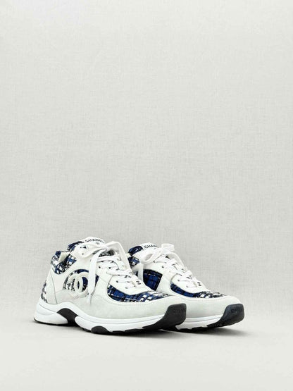 Pre - loved CHANEL CC Blue & White Size EU 39.5 Sneakers at Reems Closet