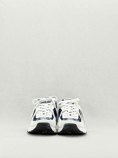 Pre - loved CHANEL CC Blue & White Size EU 39.5 Sneakers at Reems Closet