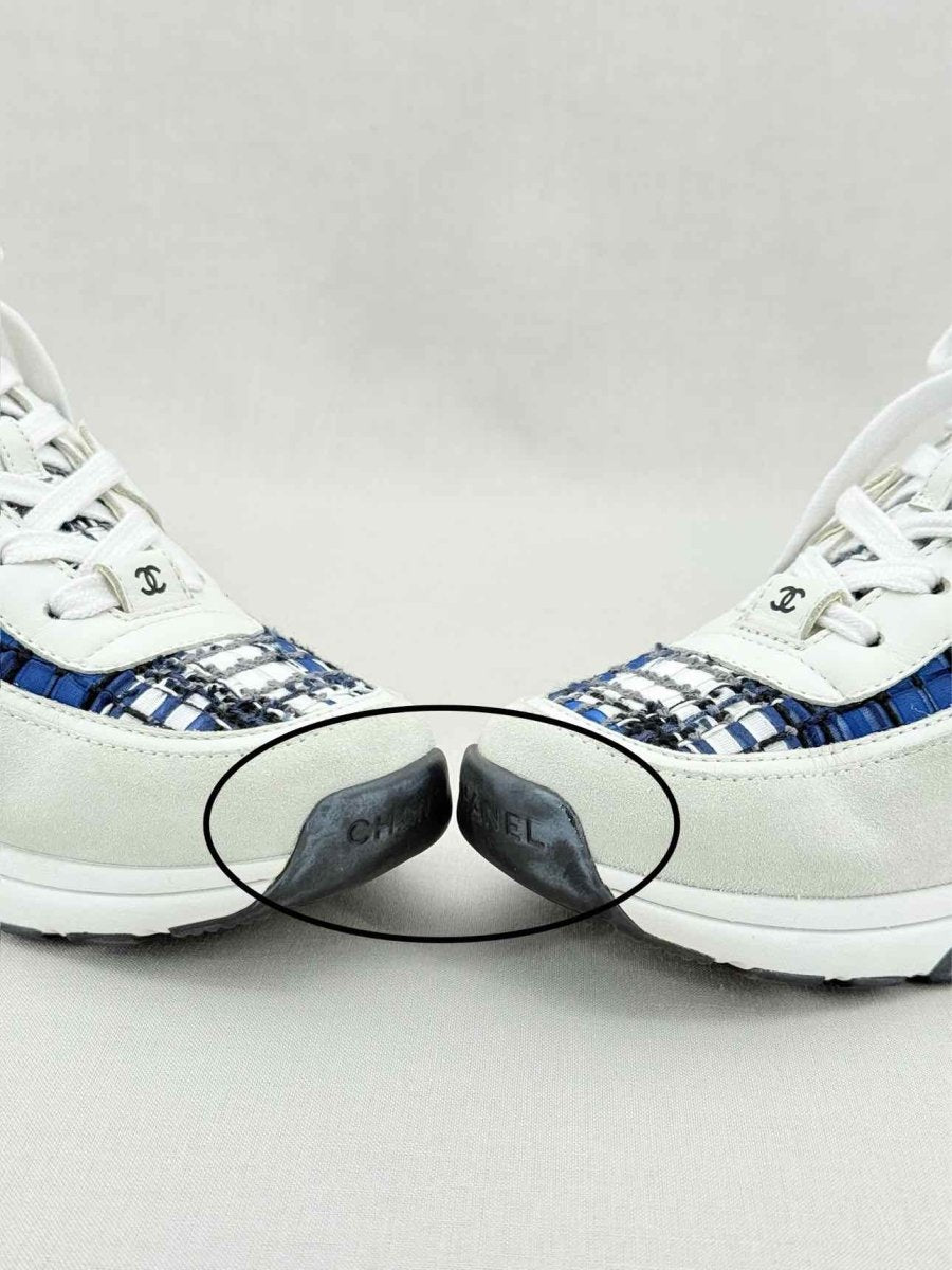 Pre - loved CHANEL CC Blue & White Size EU 39.5 Sneakers at Reems Closet