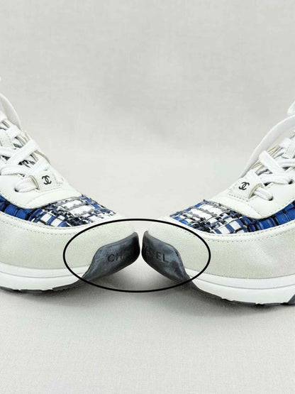 Pre - loved CHANEL CC Blue & White Size EU 39.5 Sneakers at Reems Closet