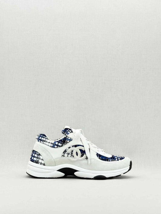 Pre - loved CHANEL CC Blue & White Size EU 39.5 Sneakers at Reems Closet