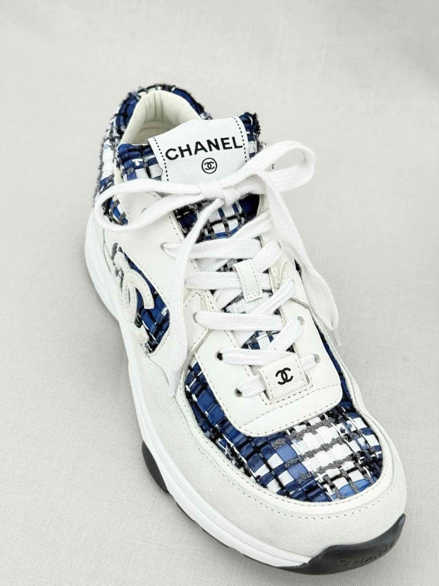 Pre - loved CHANEL CC Blue & White Size EU 39.5 Sneakers at Reems Closet