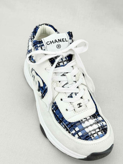 Pre - loved CHANEL CC Blue & White Size EU 39.5 Sneakers at Reems Closet