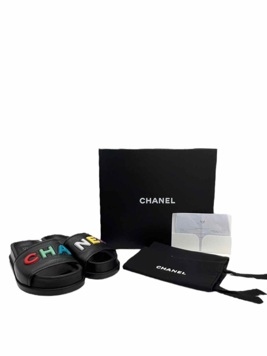 Pre - loved CHANEL Cha - Nel Black Multicolor Size EU 38.5 Sandals at Reems Closet