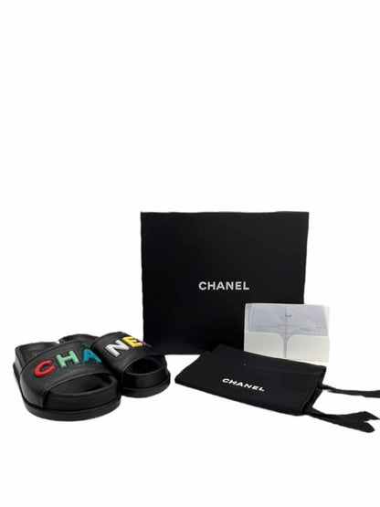 Pre - loved CHANEL Cha - Nel Black Multicolor Size EU 38.5 Sandals at Reems Closet
