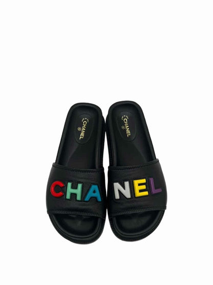 Pre - loved CHANEL Cha - Nel Black Multicolor Size EU 38.5 Sandals at Reems Closet