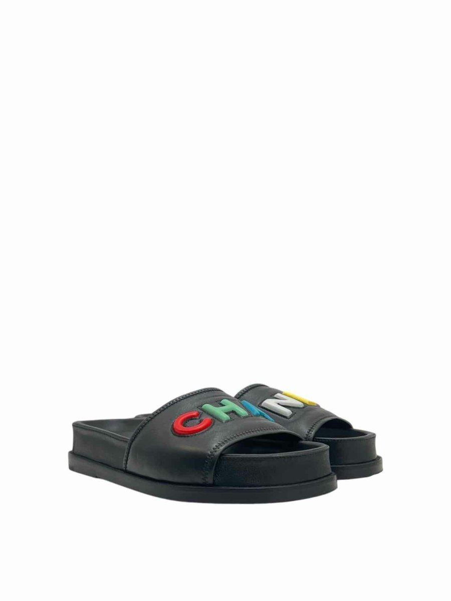 Pre - loved CHANEL Cha - Nel Black Multicolor Size EU 38.5 Sandals at Reems Closet