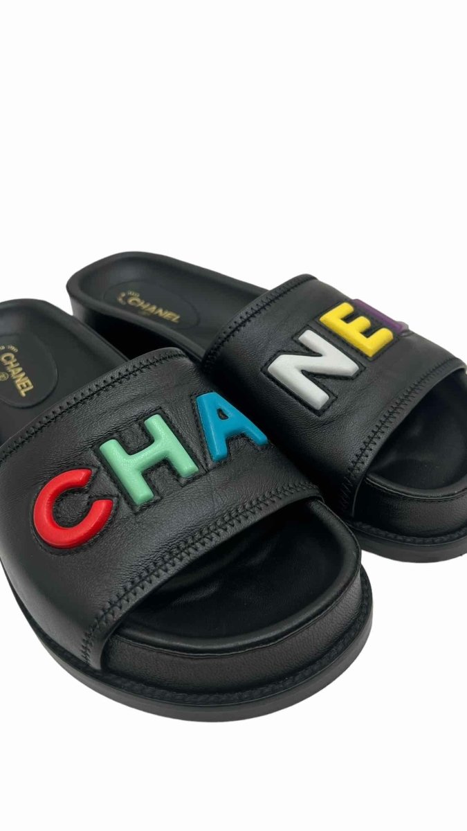 Pre - loved CHANEL Cha - Nel Black Multicolor Size EU 38.5 Sandals at Reems Closet