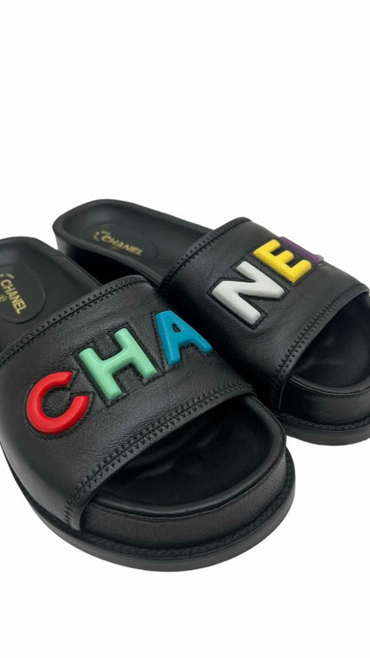 Pre - loved CHANEL Cha - Nel Black Multicolor Size EU 38.5 Sandals at Reems Closet